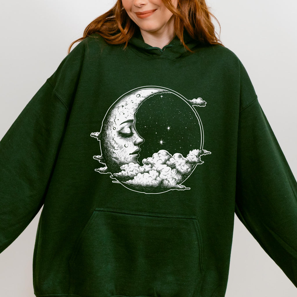 Celestial Moon Face graphic hoodie featuring Witchy Crescent Moon Pullover