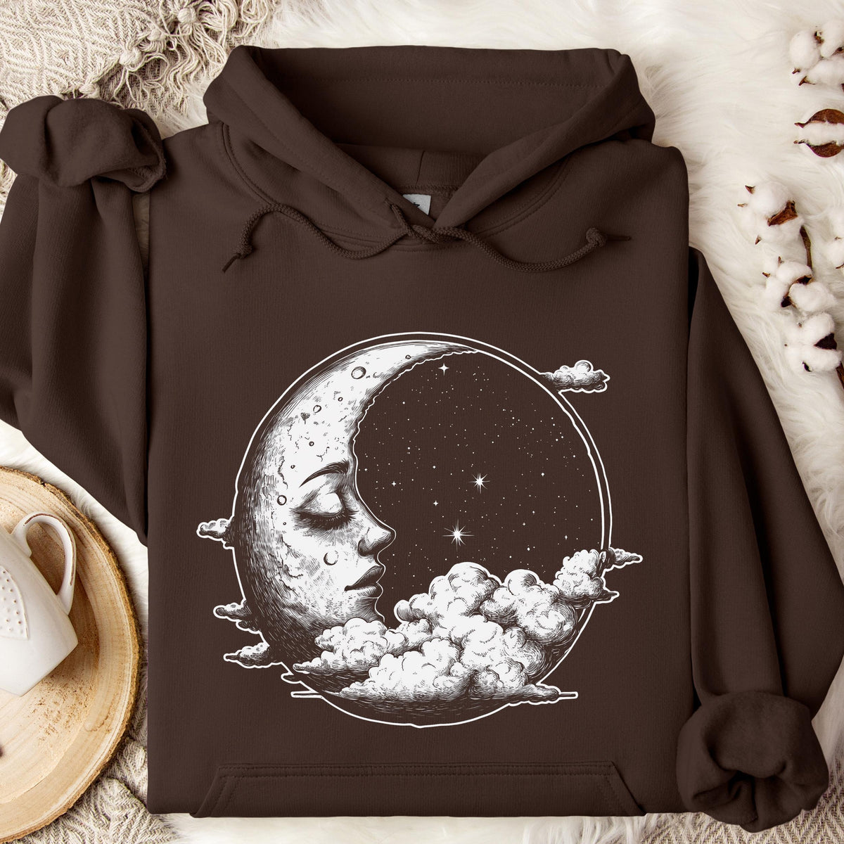 Celestial Moon Face graphic hoodie featuring Witchy Crescent Moon Pullover