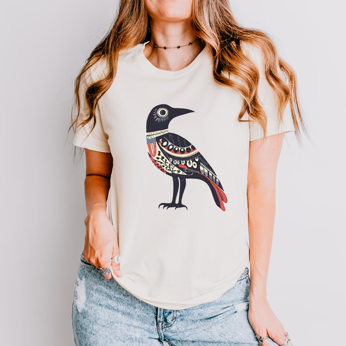 Folk Art Crow graphic shirt featuring Nordic Bird Graphic Tee in Charcoal