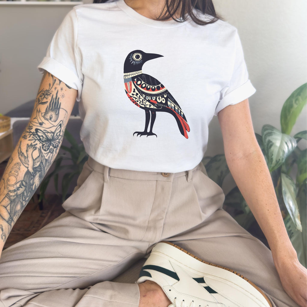 Folk Art Crow graphic shirt featuring Nordic Bird Graphic Tee