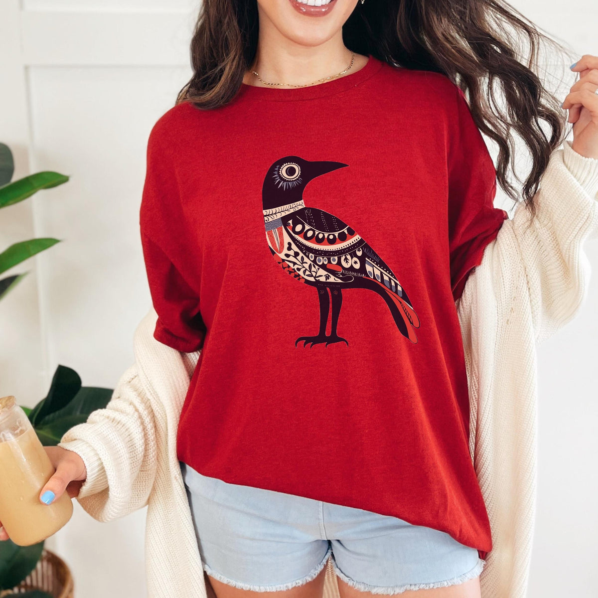 Folk Art Crow graphic shirt featuring Nordic Bird Graphic Tee