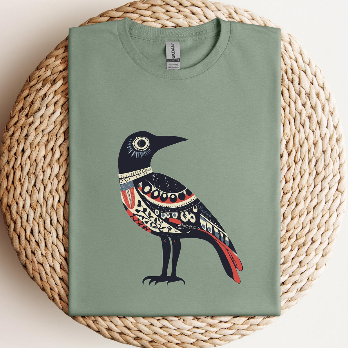 Folk Art Crow graphic shirt featuring Nordic Bird Graphic Tee