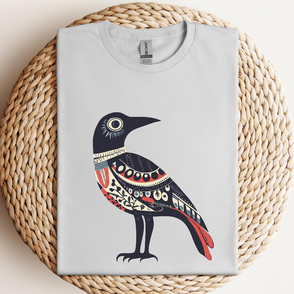 Folk Art Crow graphic shirt featuring Nordic Bird Graphic Tee