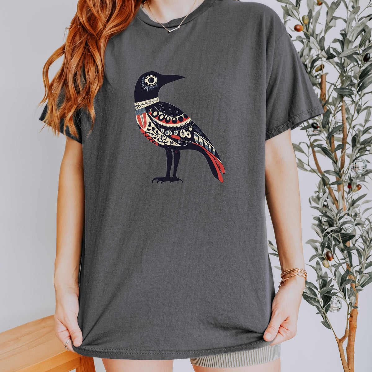 Folk Art Crow graphic shirt featuring Nordic Bird Graphic Tee
