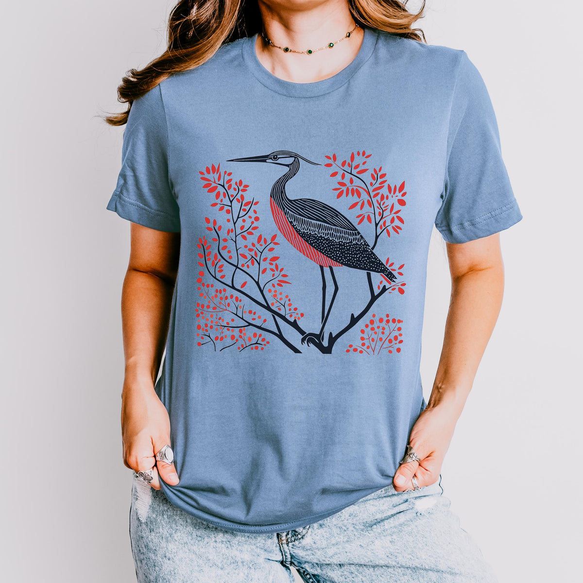 Blue Heron graphic shirt featuring Linocut Bird Graphic Tee in Gold