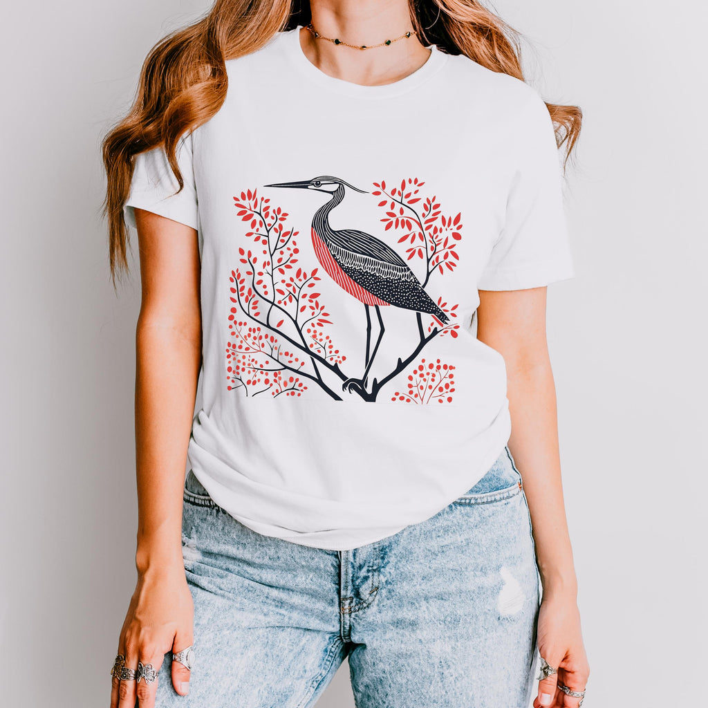 Blue Heron graphic shirt featuring Linocut Bird Graphic Tee