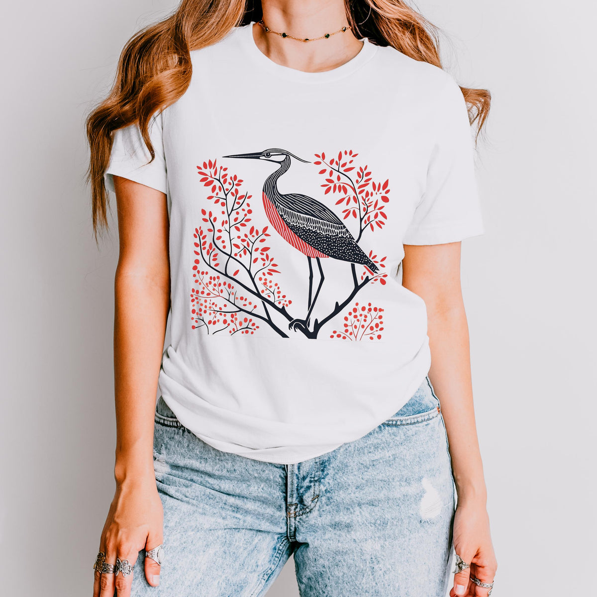 Blue Heron graphic shirt featuring Linocut Bird Graphic Tee