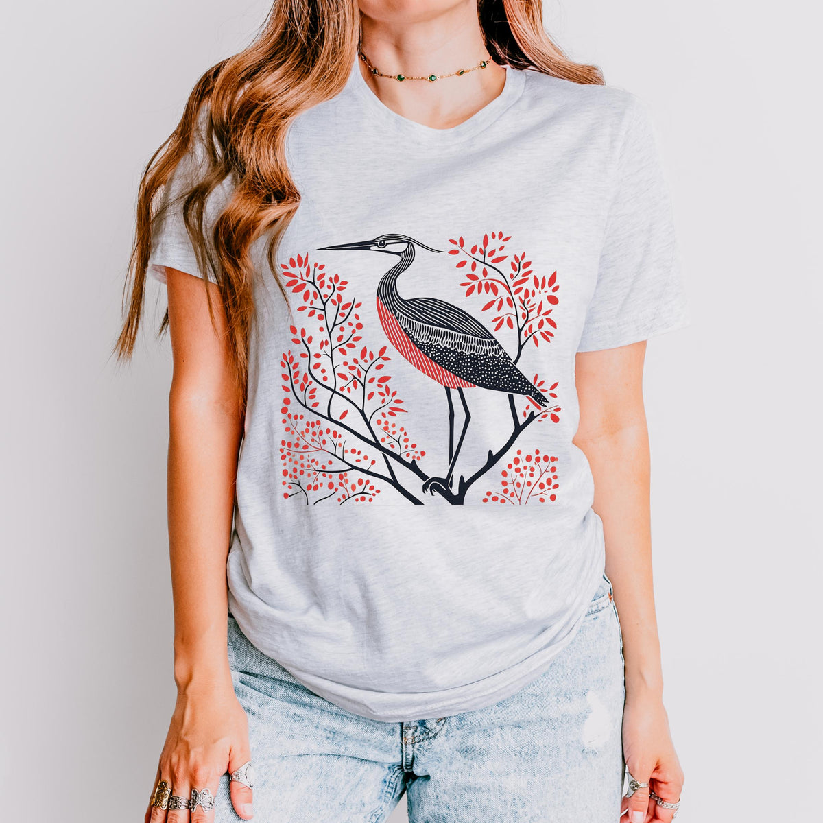 Blue Heron graphic shirt featuring Linocut Bird Graphic Tee