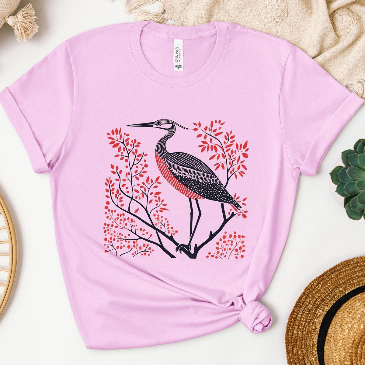 Blue Heron graphic shirt featuring Linocut Bird Graphic Tee