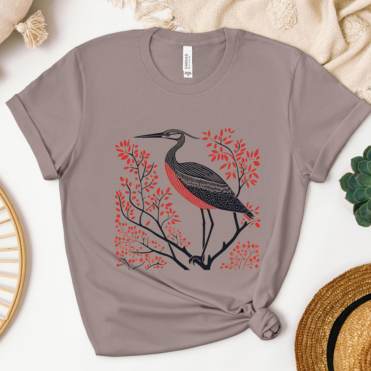 Blue Heron graphic shirt featuring Linocut Bird Graphic Tee
