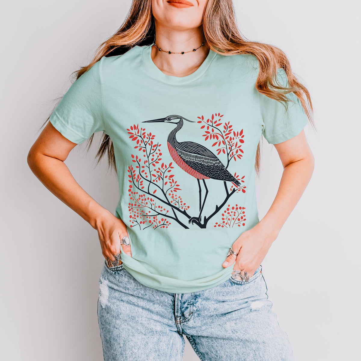 Blue Heron graphic shirt featuring Linocut Bird Graphic Tee