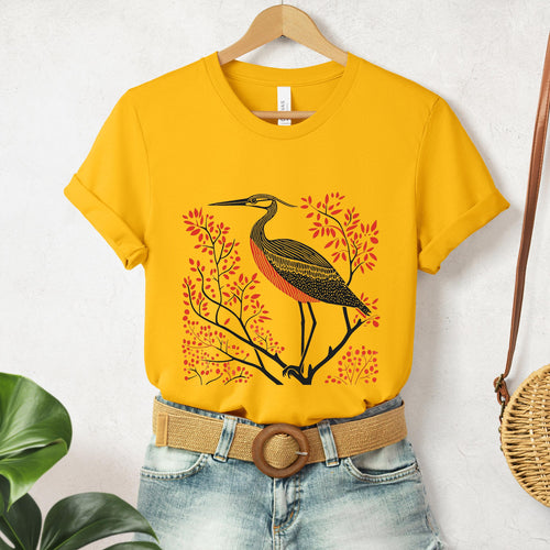 Blue Heron graphic shirt featuring Linocut Bird Graphic Tee