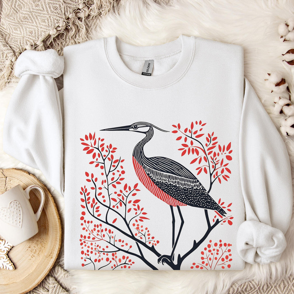 Blue Heron graphic sweatshirt featuring Linocut Bird Crewneck