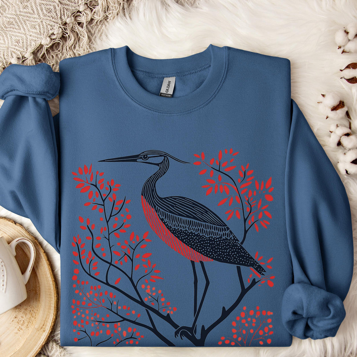 Blue Heron graphic sweatshirt featuring Linocut Bird Crewneck
