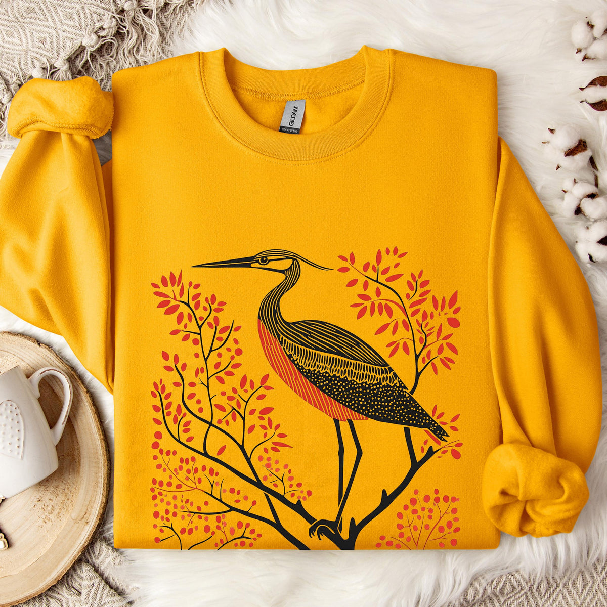 Blue Heron graphic sweatshirt featuring Linocut Bird Crewneck
