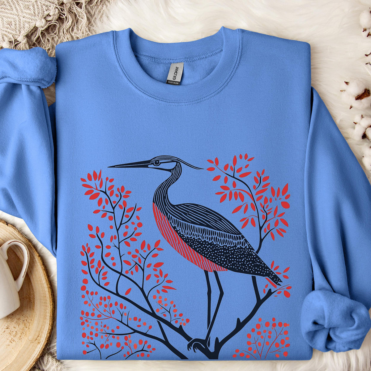 Blue Heron graphic sweatshirt featuring Linocut Bird Crewneck