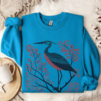 Blue Heron graphic sweatshirt featuring Linocut Bird Crewneck