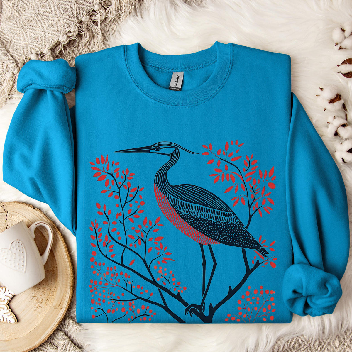 Blue Heron graphic sweatshirt featuring Linocut Bird Crewneck