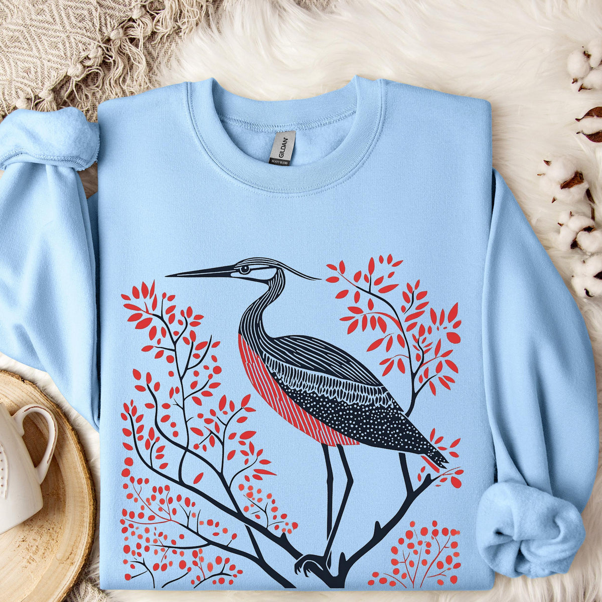 Blue Heron graphic sweatshirt featuring Linocut Bird Crewneck