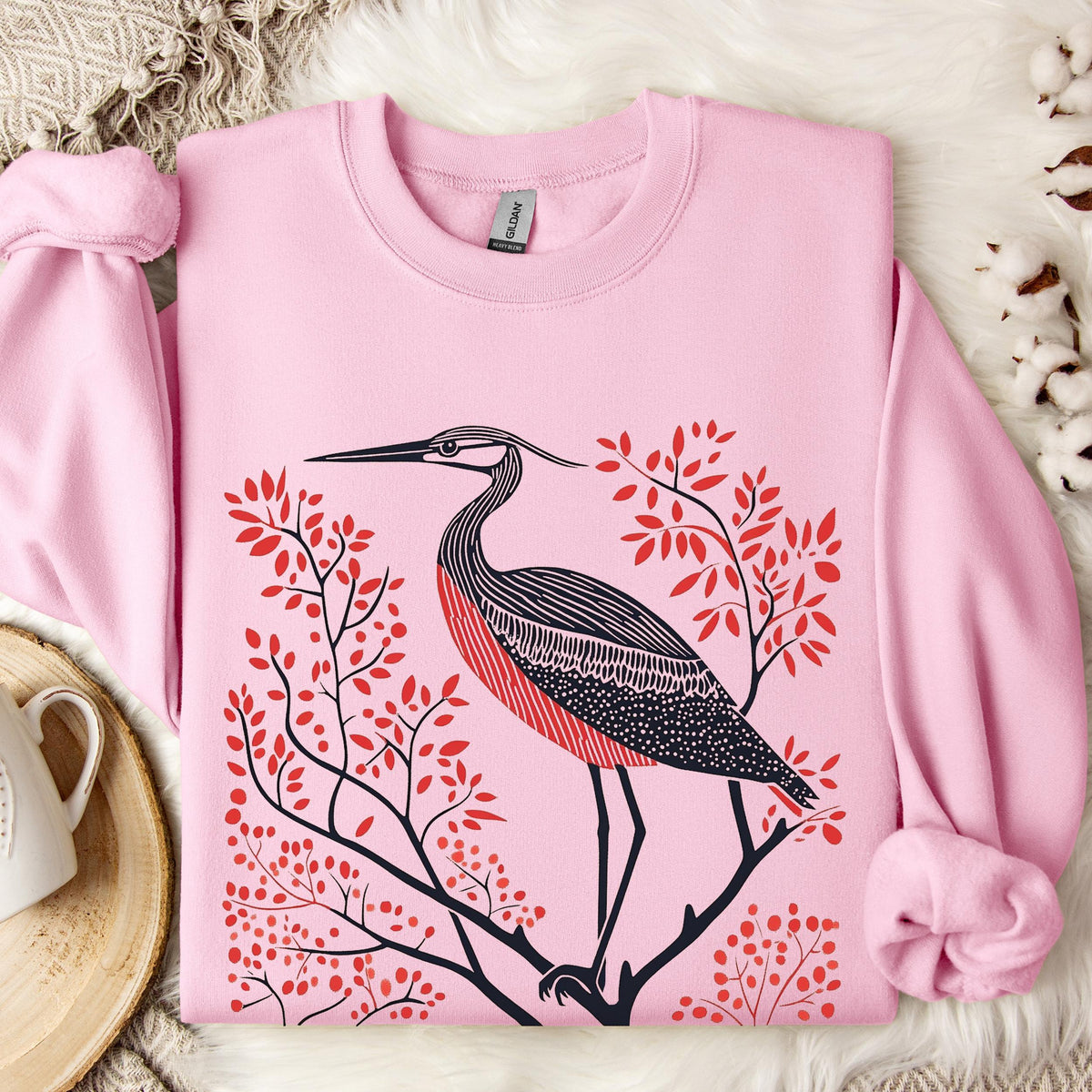 Blue Heron graphic sweatshirt featuring Linocut Bird Crewneck