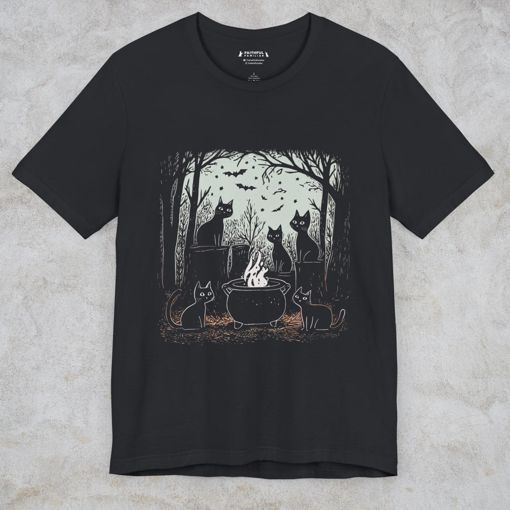 Black Cat Coven graphic shirt featuring Witchy Cat Cauldron Graphic Tee