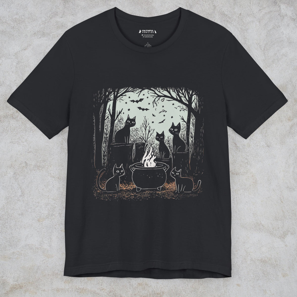 Black Cat Coven graphic shirt featuring Witchy Cat Cauldron Graphic Tee