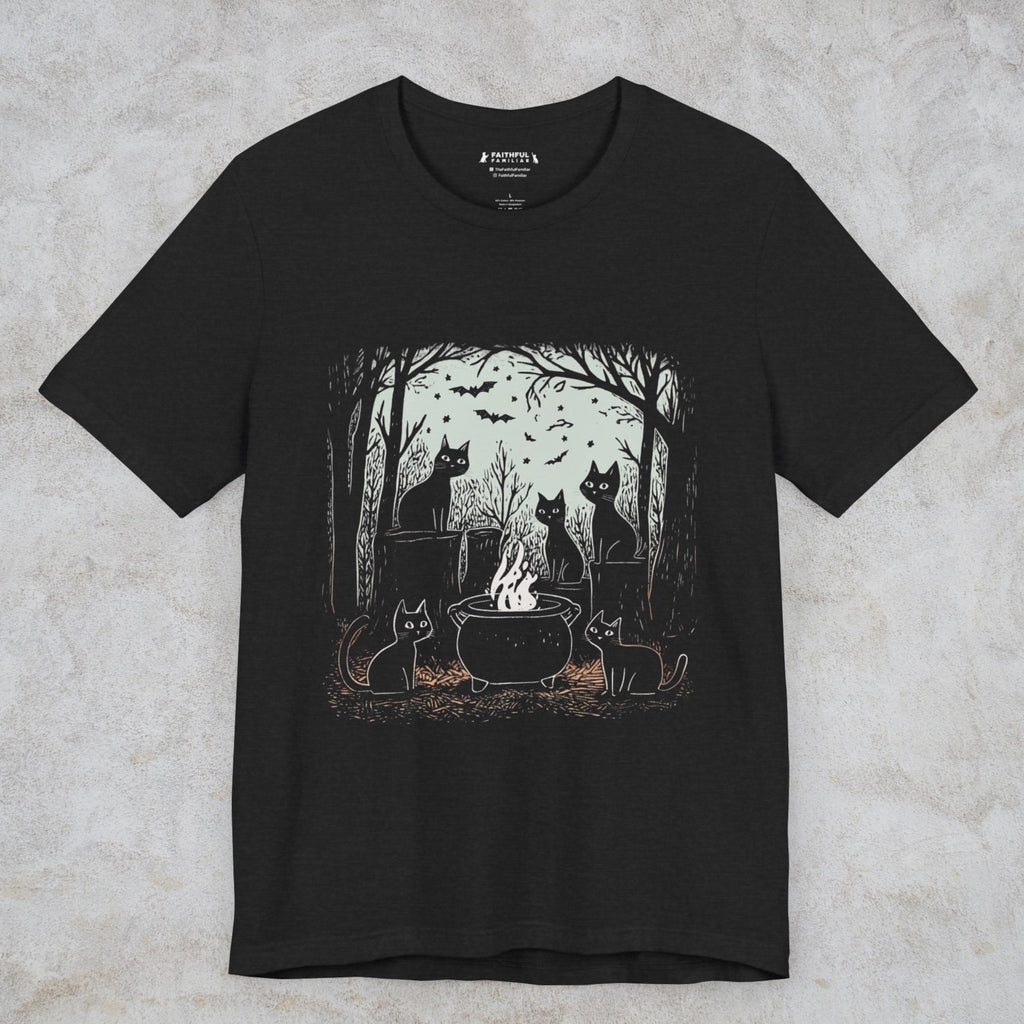 Black Cat Coven graphic shirt featuring Witchy Cat Cauldron Graphic Tee