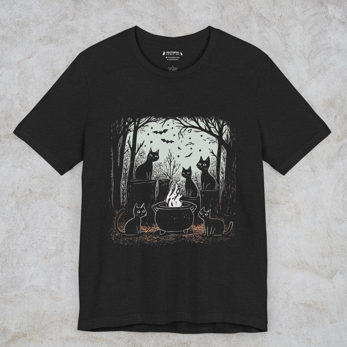 Black Cat Coven graphic shirt featuring Witchy Cat Cauldron Graphic Tee