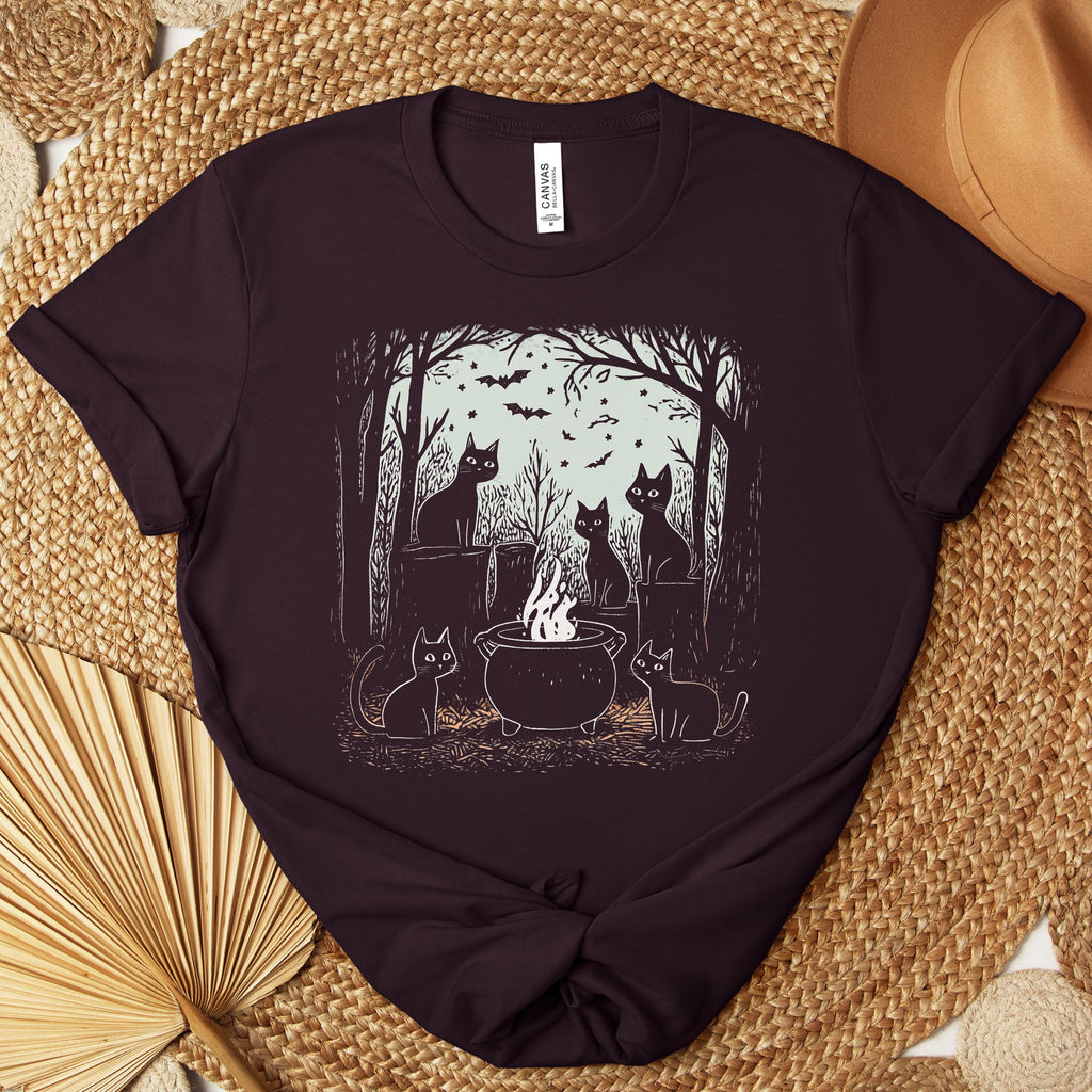 Black Cat Coven graphic shirt featuring Witchy Cat Cauldron Graphic Tee
