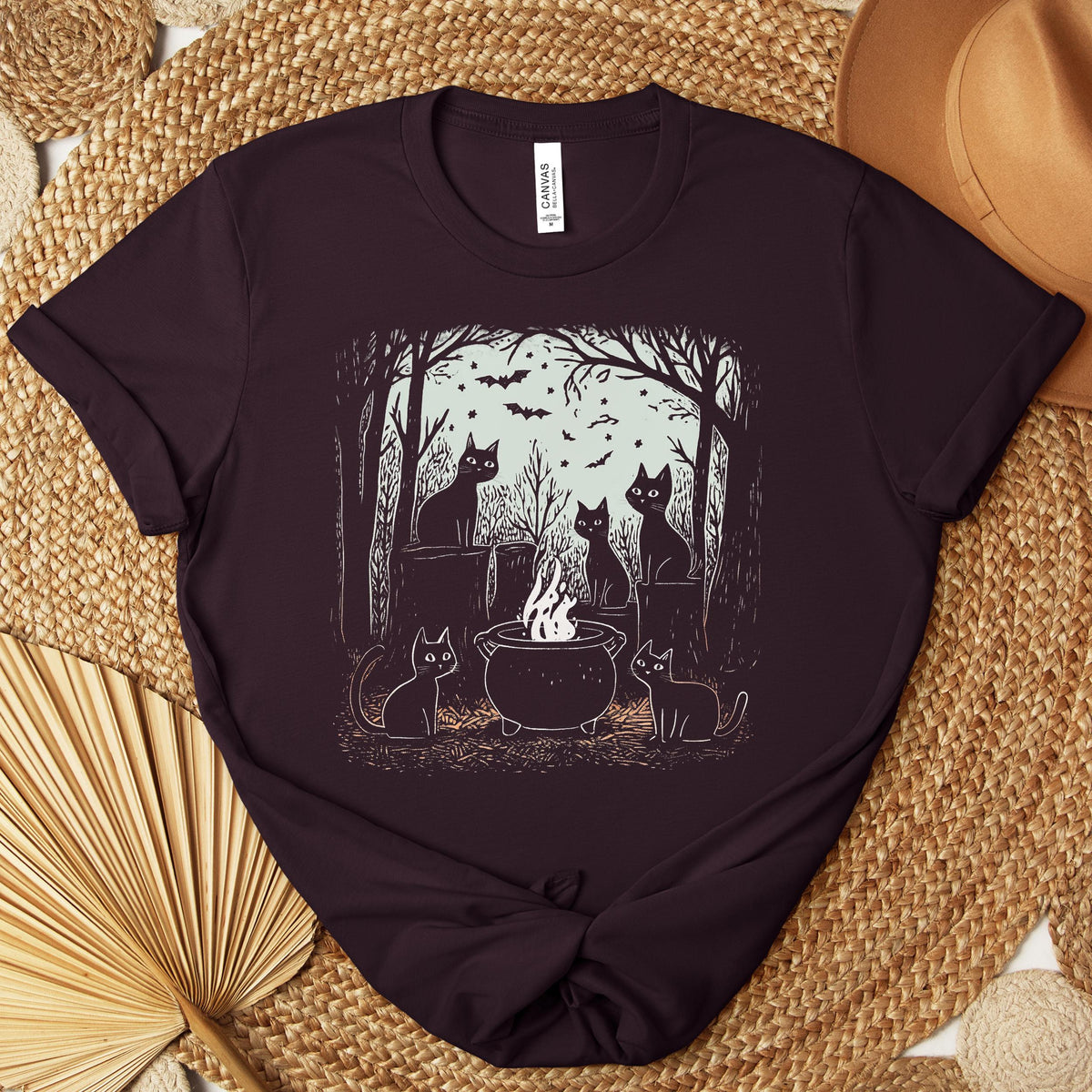 Black Cat Coven graphic shirt featuring Witchy Cat Cauldron Graphic Tee