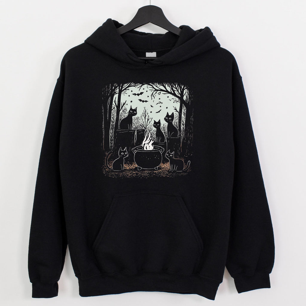 Black Cat Coven graphic hoodie featuring Witchy Cauldron Cat Sweatshirt in Navy
