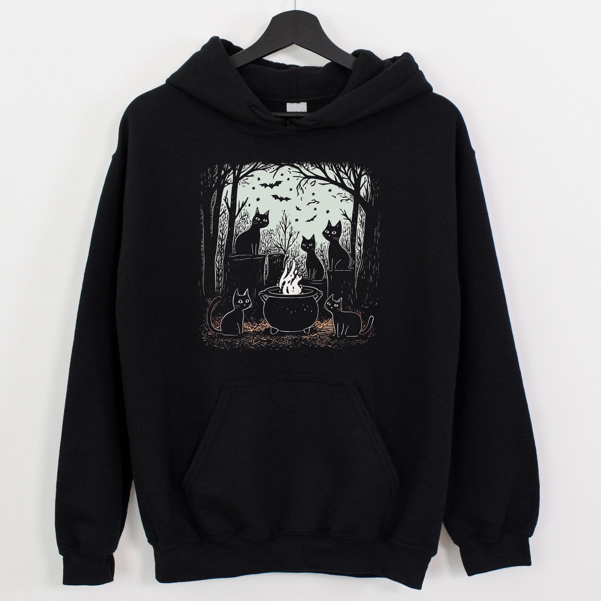 Black Cat Coven graphic hoodie featuring Witchy Cauldron Cat Sweatshirt in Navy