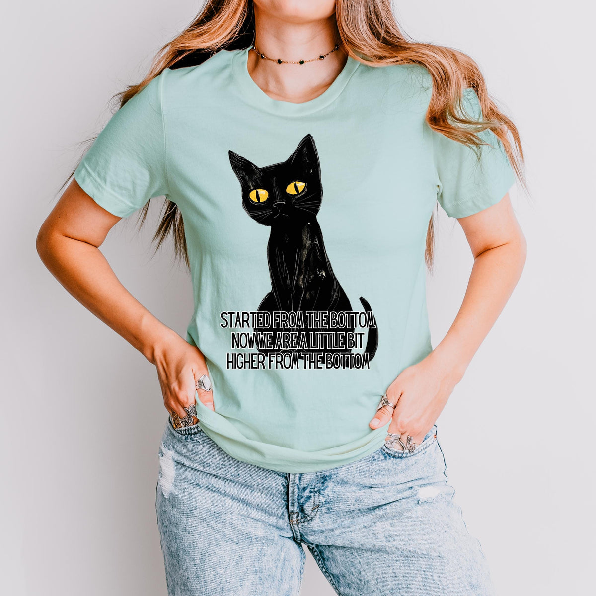 Started From the Bottom Cat graphic shirt featuring Funny Black Cat Graphic Tee