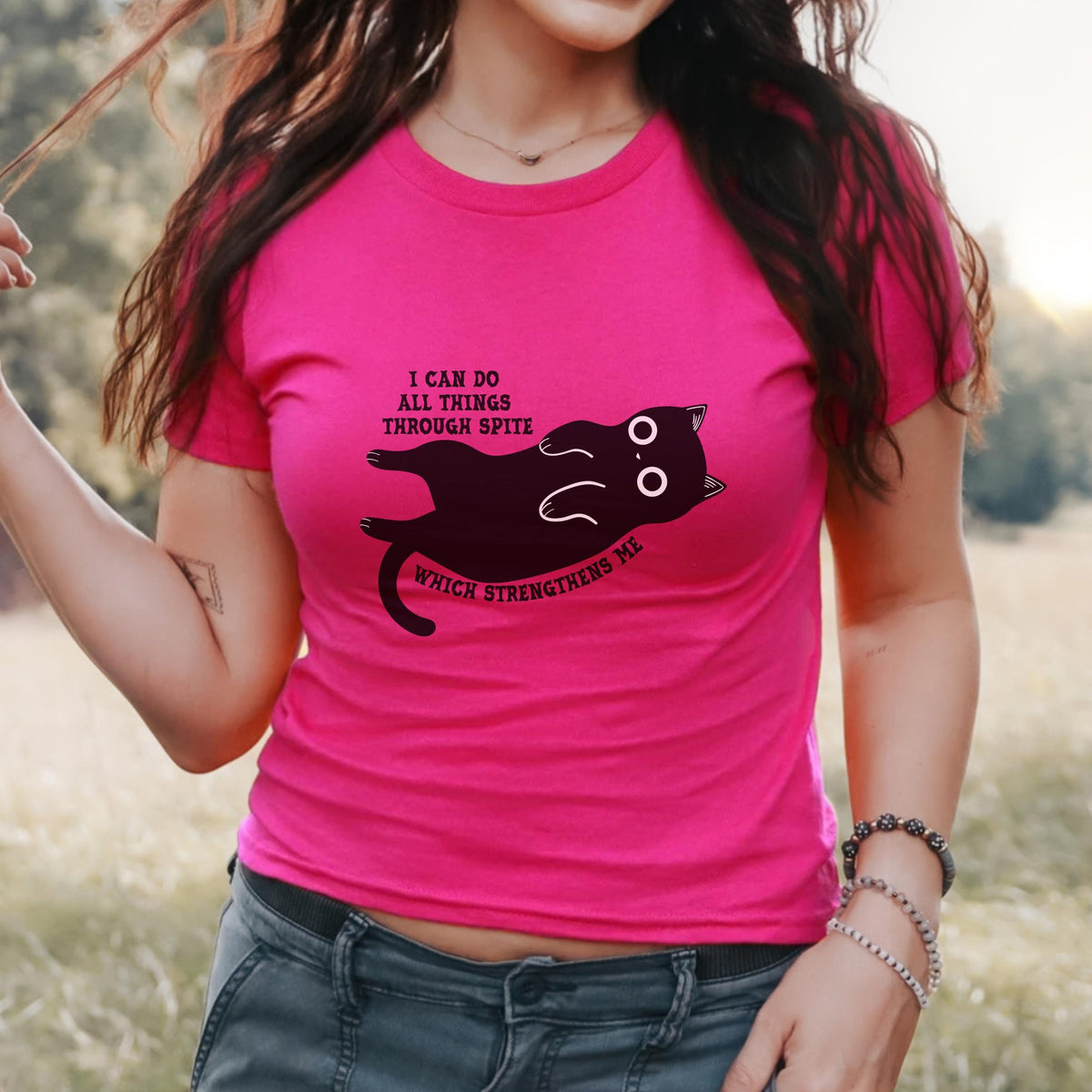 I Can Do All Things Through Spite kids shirt featuring Funny Black Cat Graphic Tee in Royal
