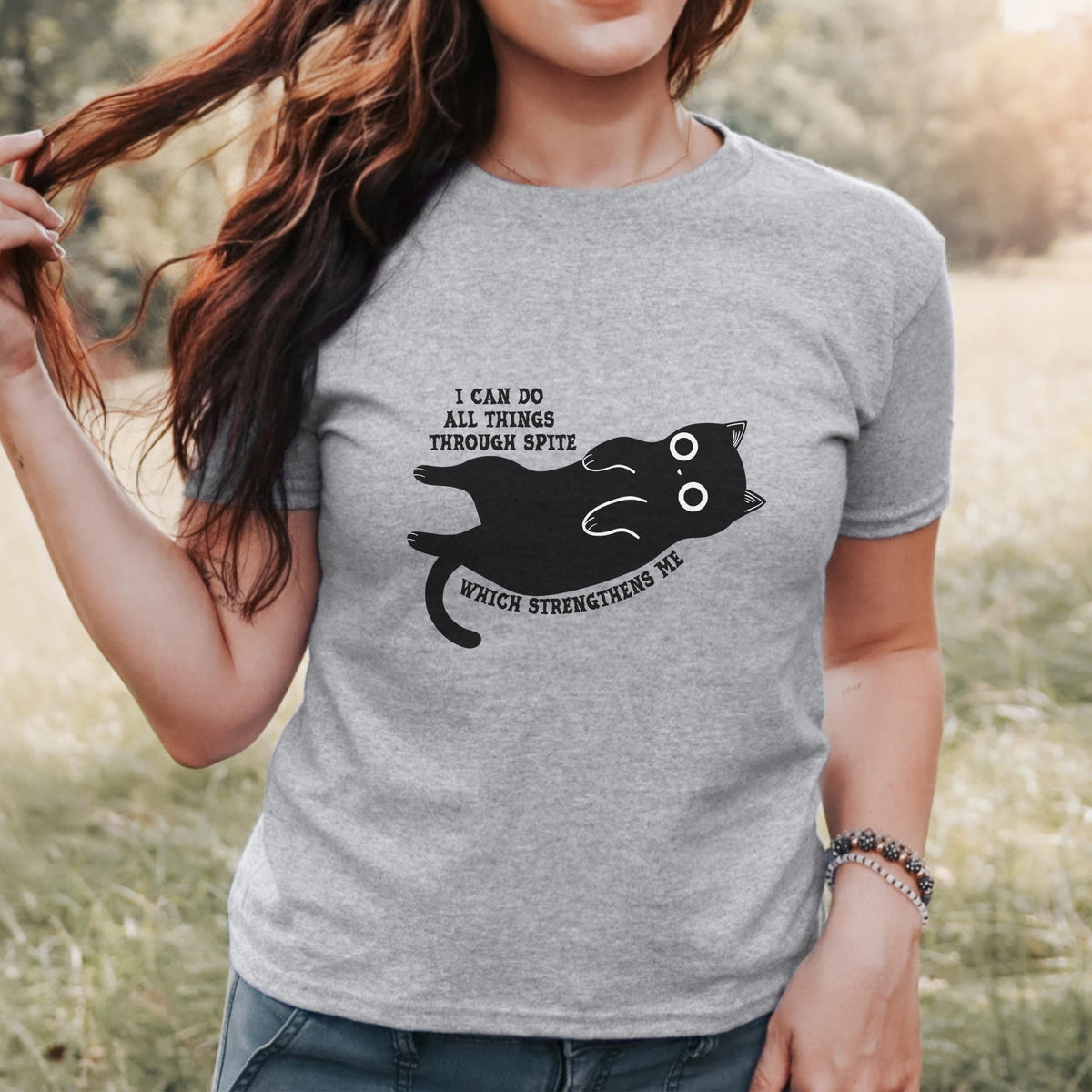 I Can Do All Things Through Spite kids shirt featuring Funny Black Cat Graphic Tee