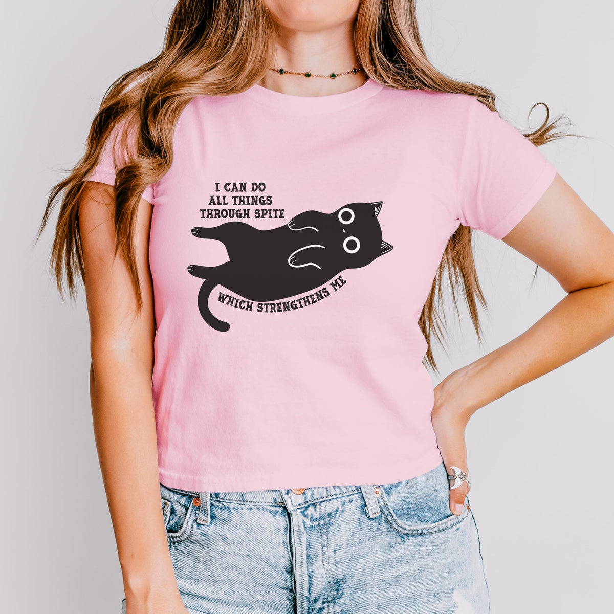 I Can Do All Things Through Spite kids shirt featuring Funny Black Cat Graphic Tee