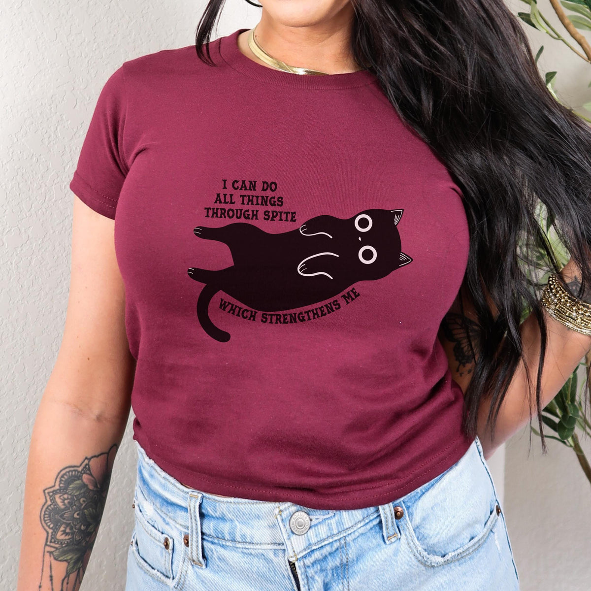I Can Do All Things Through Spite kids shirt featuring Funny Black Cat Graphic Tee
