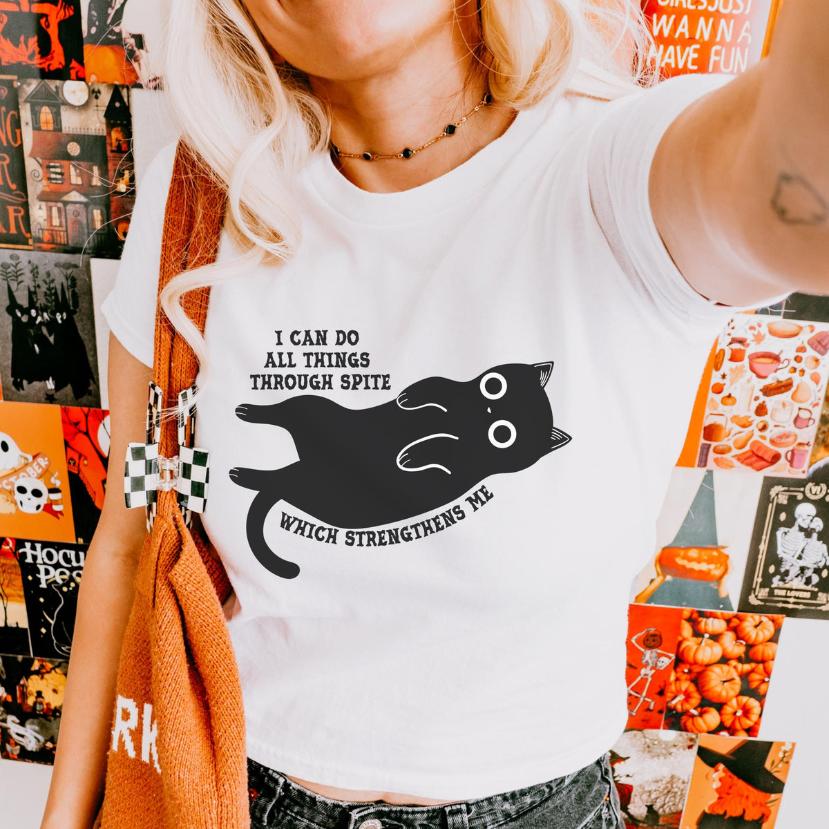 I Can Do All Things Through Spite kids shirt featuring Funny Black Cat Graphic Tee