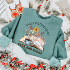 Easily Distracted by Cats and Books graphic sweatshirt featuring Book Lover Cat Crewneck