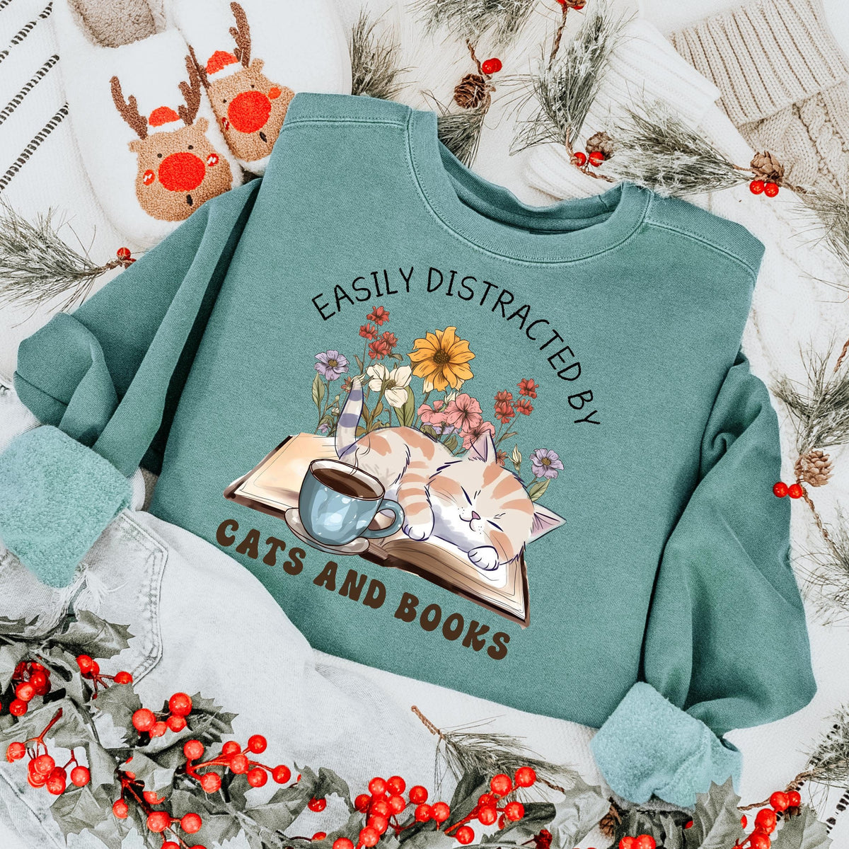 Easily Distracted by Cats and Books graphic sweatshirt featuring Book Lover Cat Crewneck