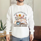 Easily Distracted by Cats and Books graphic sweatshirt featuring Book Lover Cat Crewneck