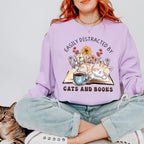 Easily Distracted by Cats and Books graphic sweatshirt featuring Book Lover Cat Crewneck
