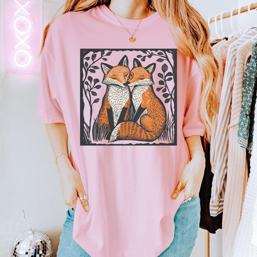 Fox Couple graphic shirt featuring Linocut Woodland Graphic Tee