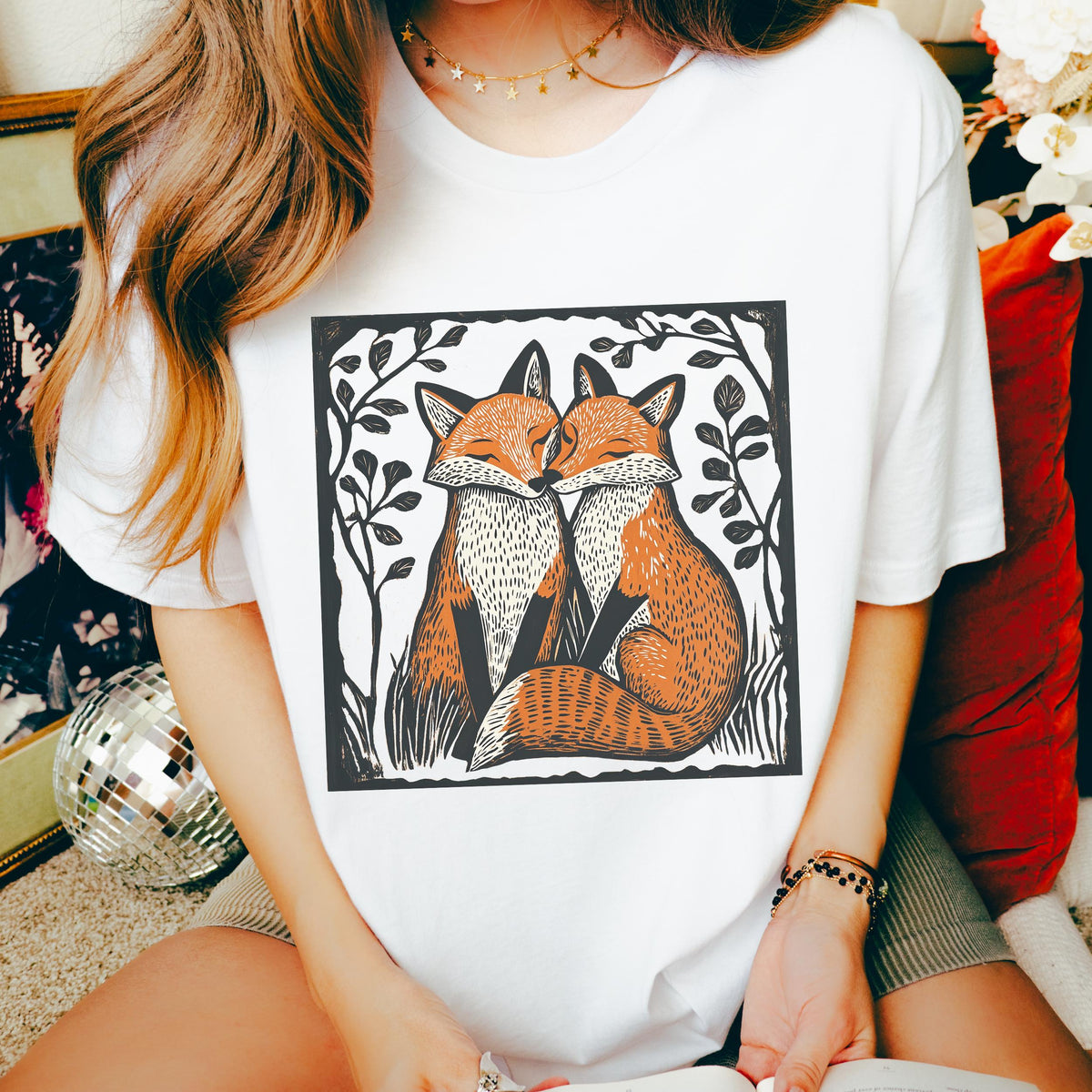 Fox Couple graphic shirt featuring Linocut Woodland Graphic Tee