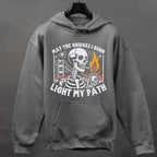 May the Bridges I Burn Light My Path graphic hoodie featuring Funny Skeleton Graphic Sweatshirt in Dark Heather