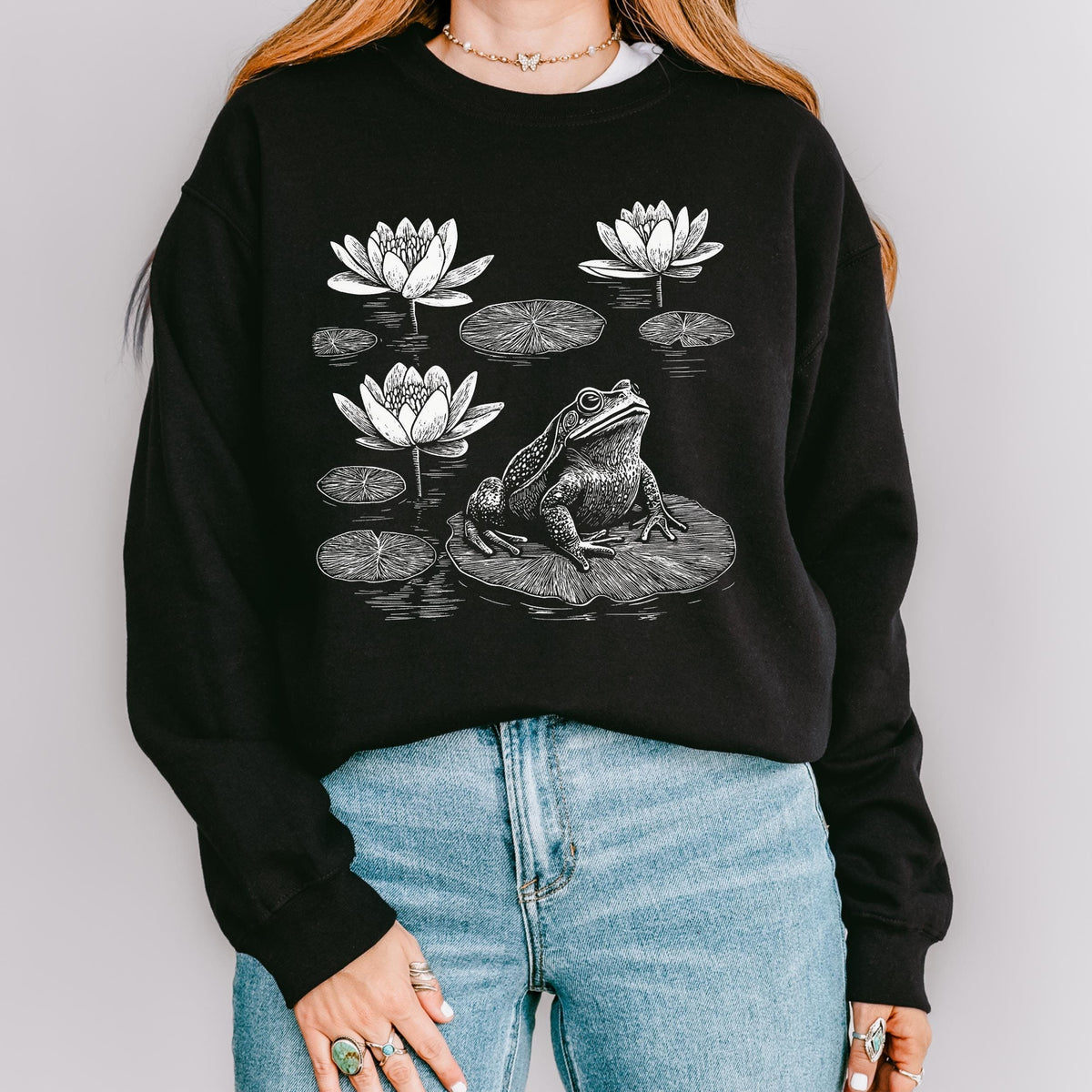 Frog graphic sweatshirt featuring Linocut Frog & Water Lily Crewneck