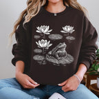Frog graphic sweatshirt featuring Linocut Frog & Water Lily Crewneck