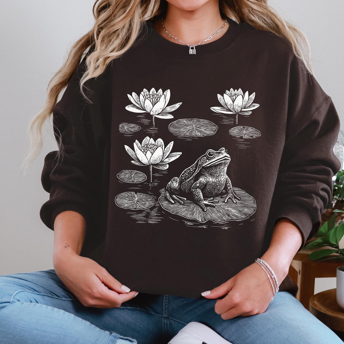 Frog graphic sweatshirt featuring Linocut Frog & Water Lily Crewneck