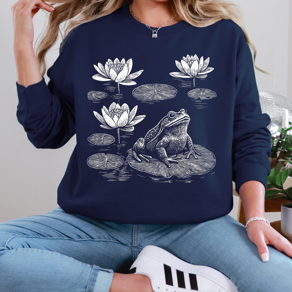 Frog graphic sweatshirt featuring Linocut Frog & Water Lily Crewneck