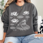 Frog graphic sweatshirt featuring Linocut Frog & Water Lily Crewneck